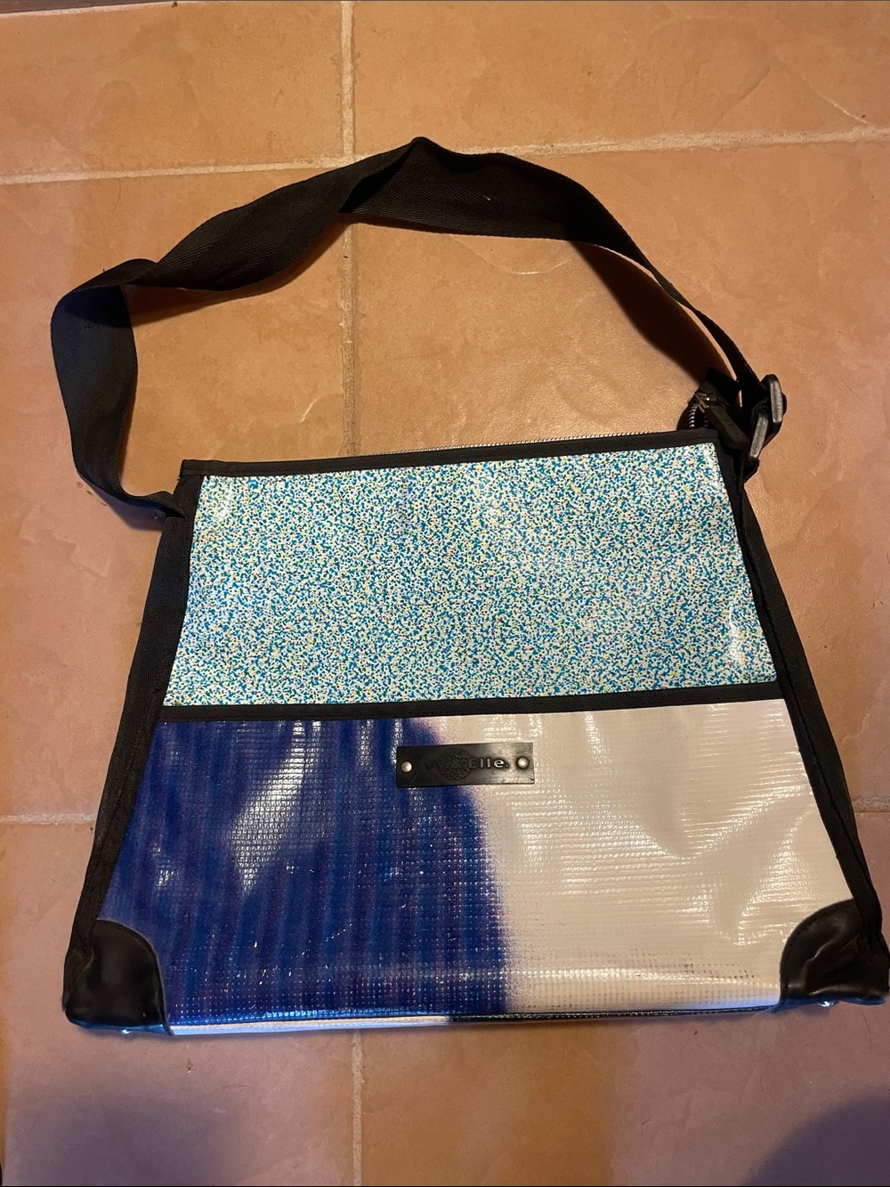 Blue & White Speckled Crossbody Bag with Black Strap